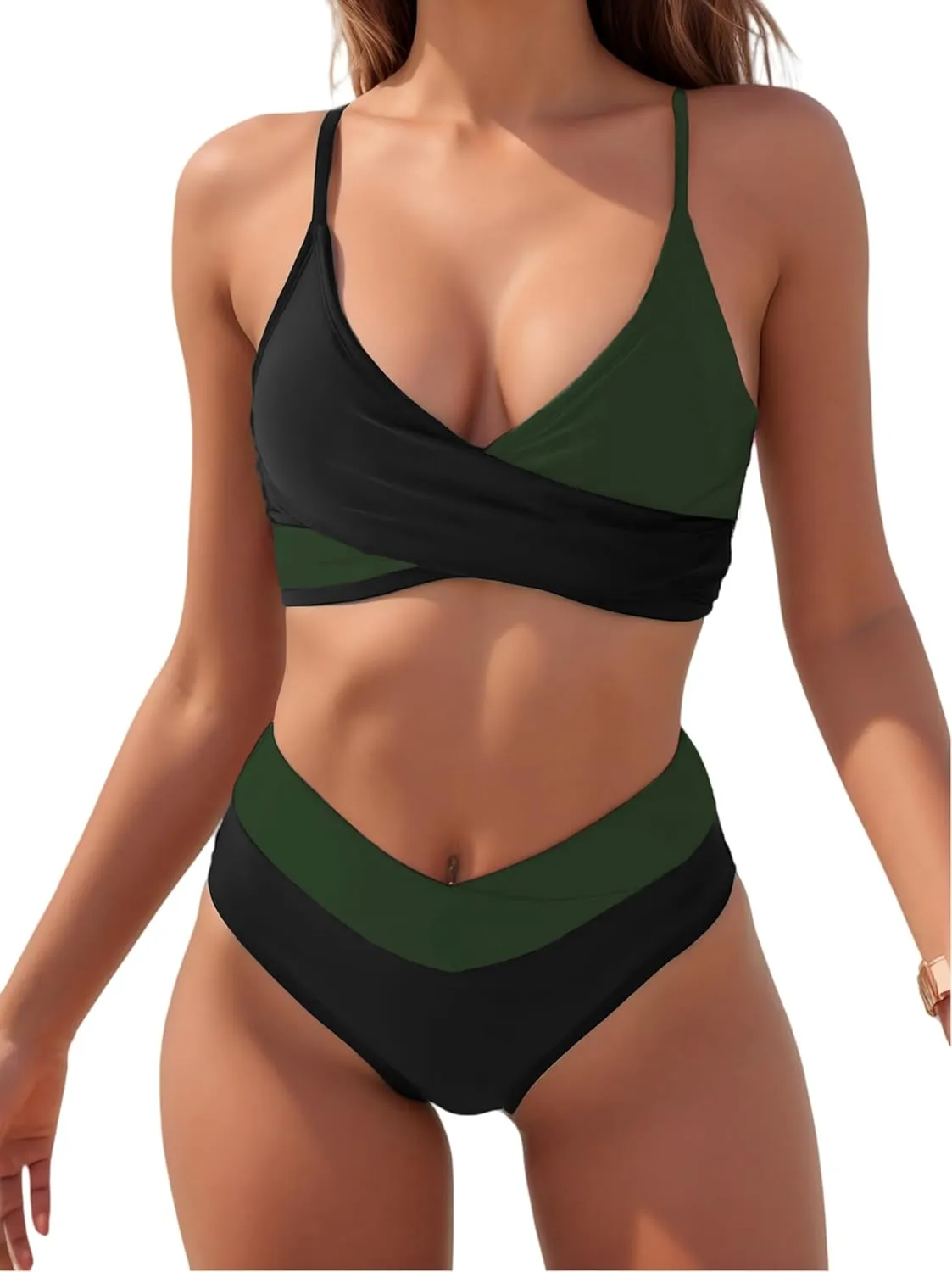 Tainehs Women's Bikini Sets Two Piece Swimsuit V Neck Twist Front V Cut Bottom Bathing Suit