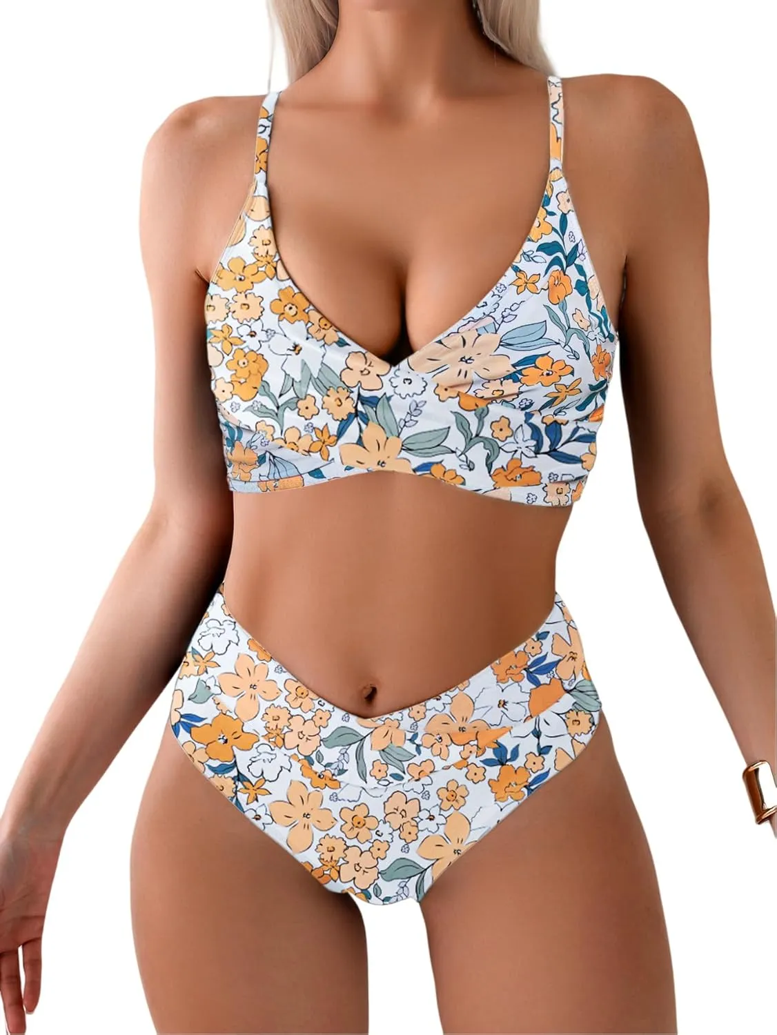 Tainehs Women's Bikini Sets Two Piece Swimsuit V Neck Twist Front V Cut Bottom Bathing Suit