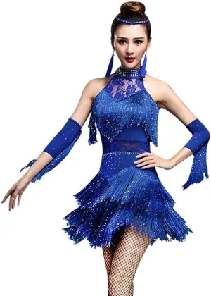 TALENT PRO Women Rhinestone Tassel Flapper Latin Rumba Dance Performance Dress Party Dress 4 Pieces Outfit Royal Blue