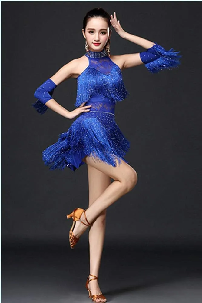 TALENT PRO Women Rhinestone Tassel Flapper Latin Rumba Dance Performance Dress Party Dress 4 Pieces Outfit Royal Blue
