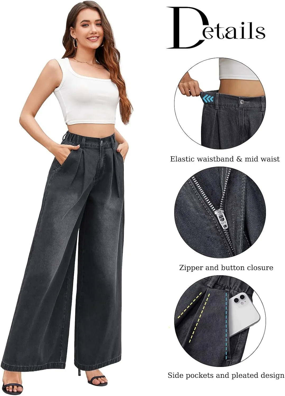 Tapata Women's 24"/27"/30"/33" Inseam Wide Leg Jeans Petite Elastic Waist Baggy Denim Pants Long Palazzo Trousers