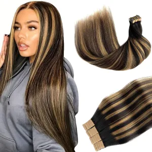 Tape in Hair Extensions Human Hair Yaki Straight Natural Black Hair Extensions Balayage Caramel Blonde Highlights Real Remyh Human Hair 20 Inch 50g/pack 20pcs Tape Hair Extensions for Black Women