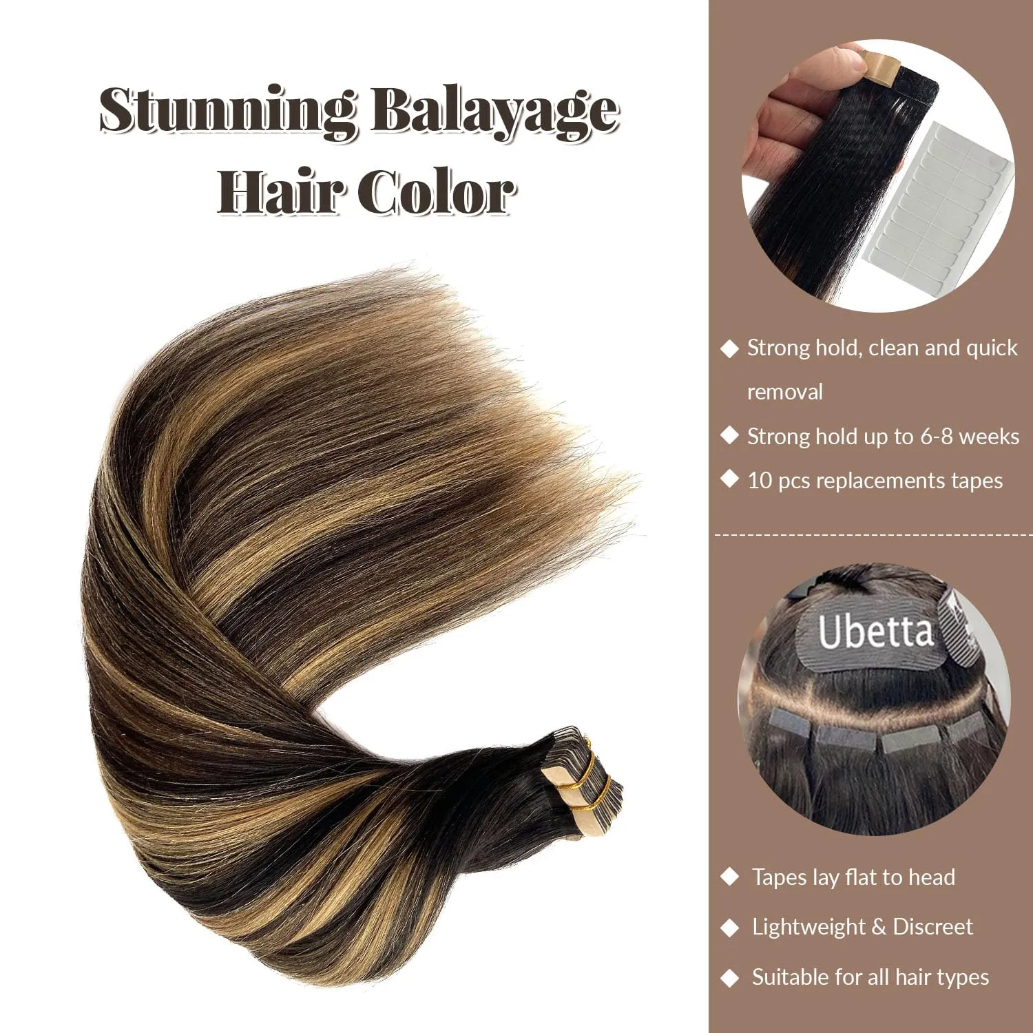 Tape in Hair Extensions Human Hair Yaki Straight Natural Black Hair Extensions Balayage Caramel Blonde Highlights Real Remyh Human Hair 20 Inch 50g/pack 20pcs Tape Hair Extensions for Black Women