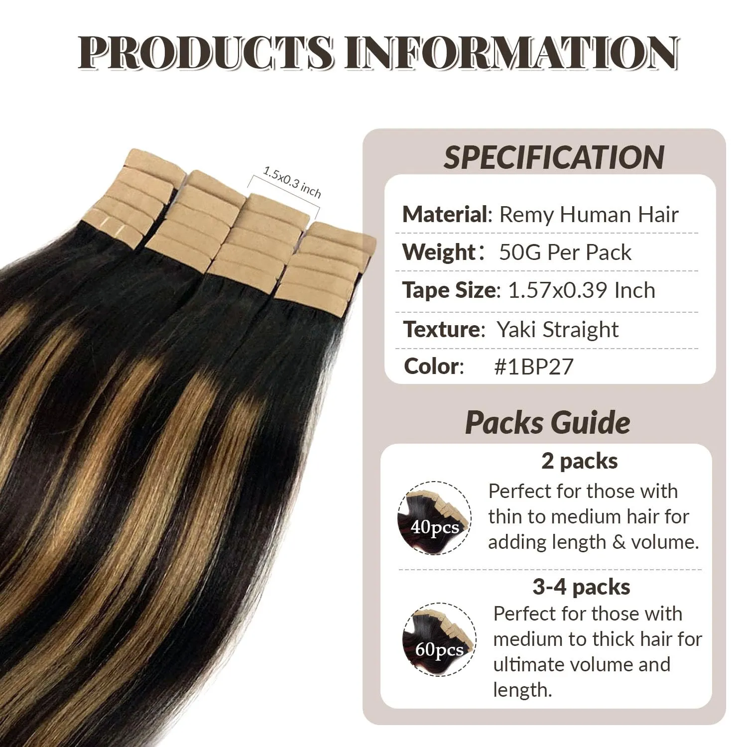 Tape in Hair Extensions Human Hair Yaki Straight Natural Black Hair Extensions Balayage Caramel Blonde Highlights Real Remyh Human Hair 20 Inch 50g/pack 20pcs Tape Hair Extensions for Black Women