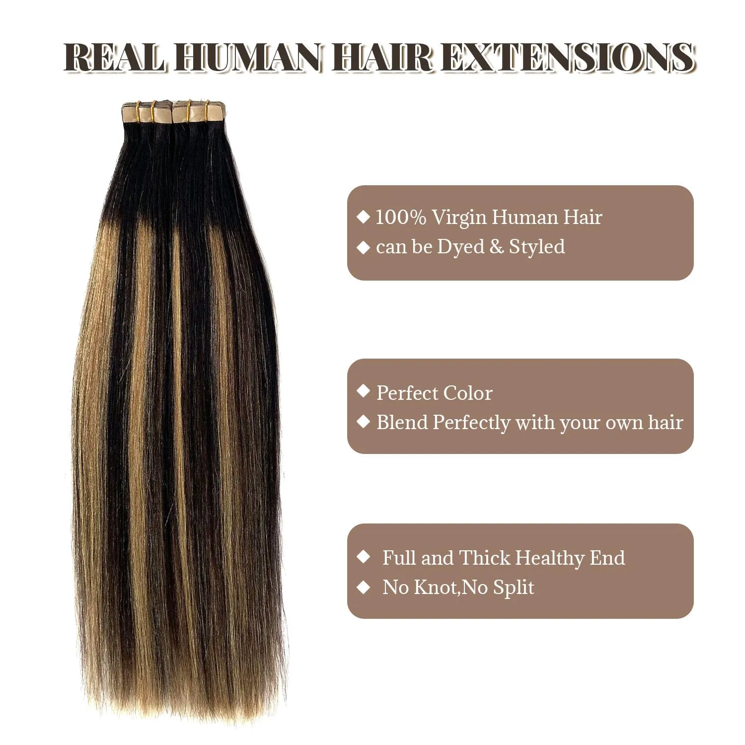 Tape in Hair Extensions Human Hair Yaki Straight Natural Black Hair Extensions Balayage Caramel Blonde Highlights Real Remyh Human Hair 20 Inch 50g/pack 20pcs Tape Hair Extensions for Black Women