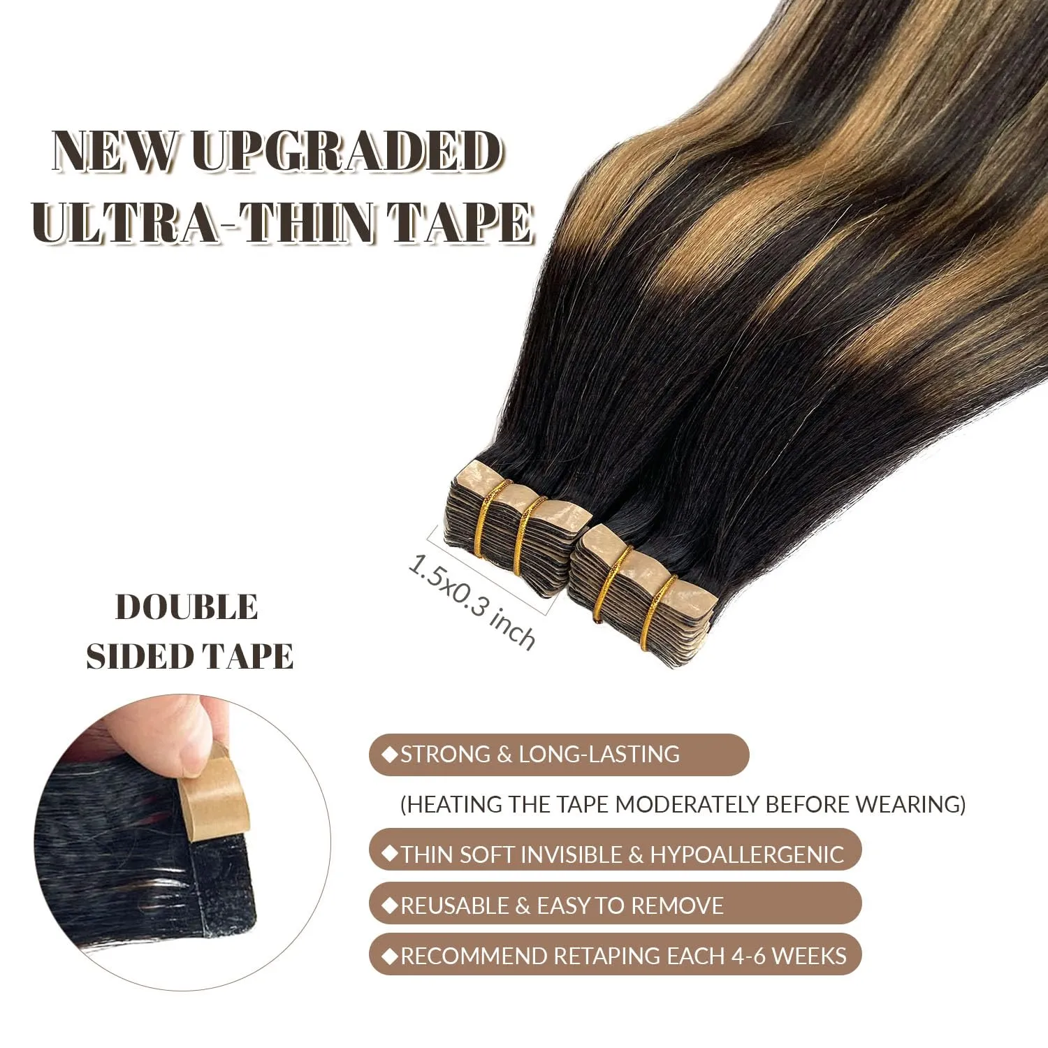 Tape in Hair Extensions Human Hair Yaki Straight Natural Black Hair Extensions Balayage Caramel Blonde Highlights Real Remyh Human Hair 20 Inch 50g/pack 20pcs Tape Hair Extensions for Black Women