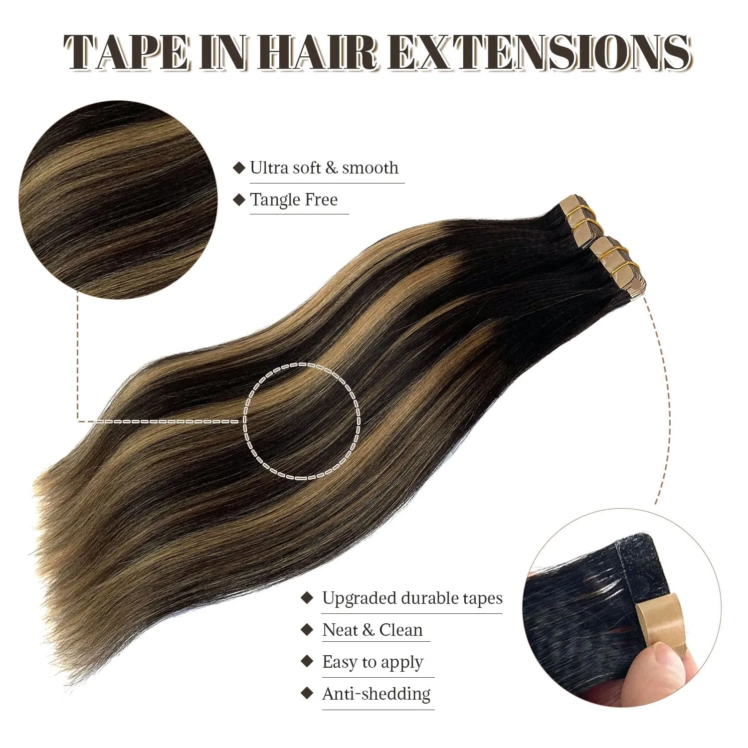 Tape in Hair Extensions Human Hair Yaki Straight Natural Black Hair Extensions Balayage Caramel Blonde Highlights Real Remyh Human Hair 20 Inch 50g/pack 20pcs Tape Hair Extensions for Black Women