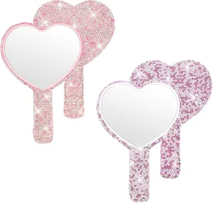 Tatuo 2 Pcs Rhinestone Mirror Handheld Bling Heart Lip Shaped Hand Mirror Glitter Cosmetic with Handle Portable Cute Travel Makeup Lash for Women(Pink and Purple)