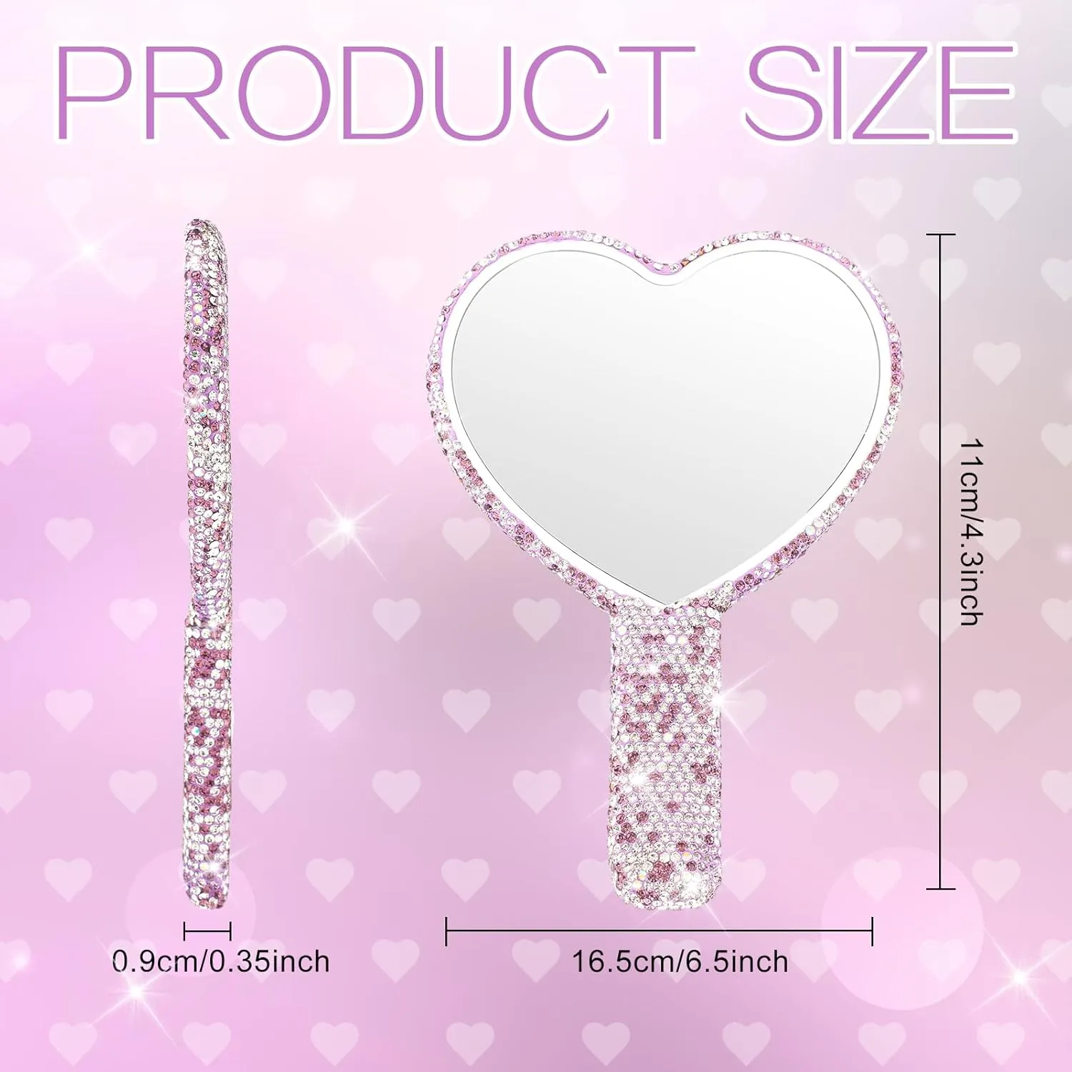 Tatuo 2 Pcs Rhinestone Mirror Handheld Bling Heart Lip Shaped Hand Mirror Glitter Cosmetic with Handle Portable Cute Travel Makeup Lash for Women(Pink and Purple)