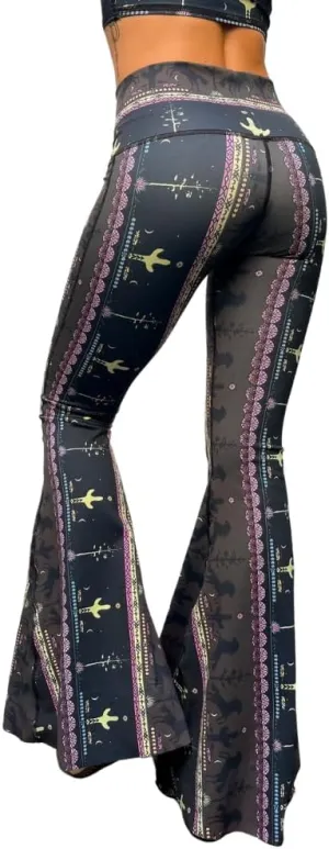 teeki Wild and Free Printed Crop Bell Bottom Pant for Women Mid Raise Stretchy Flare Bell Bottoms Premium Athletic Pants Retro 70s - Medium