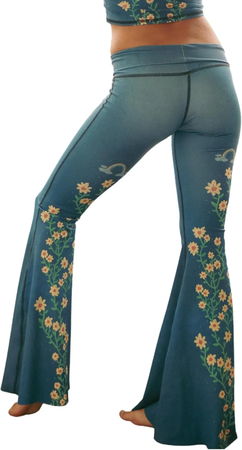 teeki Woodstock Printed Crop Bell Bottom Pant for Women Mid Raise Stretchy Flare Bell Bottoms Premium Athletic Pants Retro 70s - X-Small