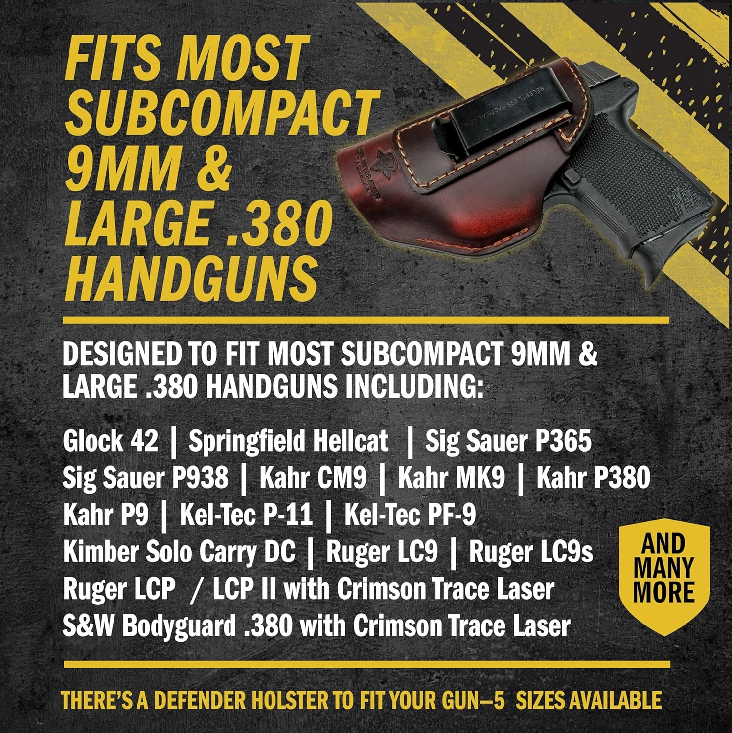 The Defender Leather IWB Holster - Made in USA - Fits Glock 42 | Sig P365 | Ruger LC9, LC9s | Kahr CM9, MK9, P9 | Springfield Hellcat and More