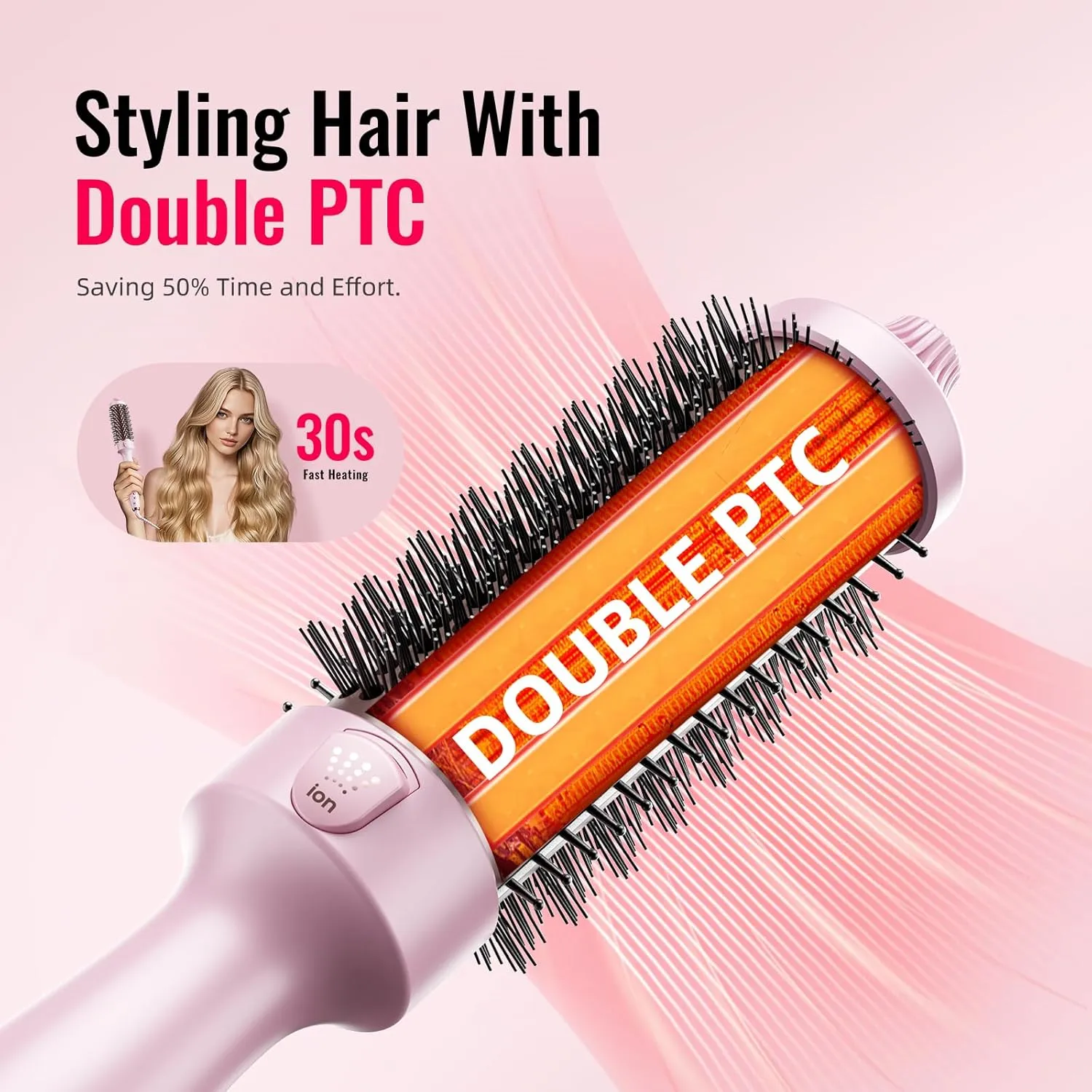 Thermal Brush,Lena All-in-1,1.5 Inch Heated Round Brush with Titanium Barrel-Infrared&Negative Ion Technology,Smooth,Frizz-Free Styling Tool,5 Heat Settings,LED Display,Pink