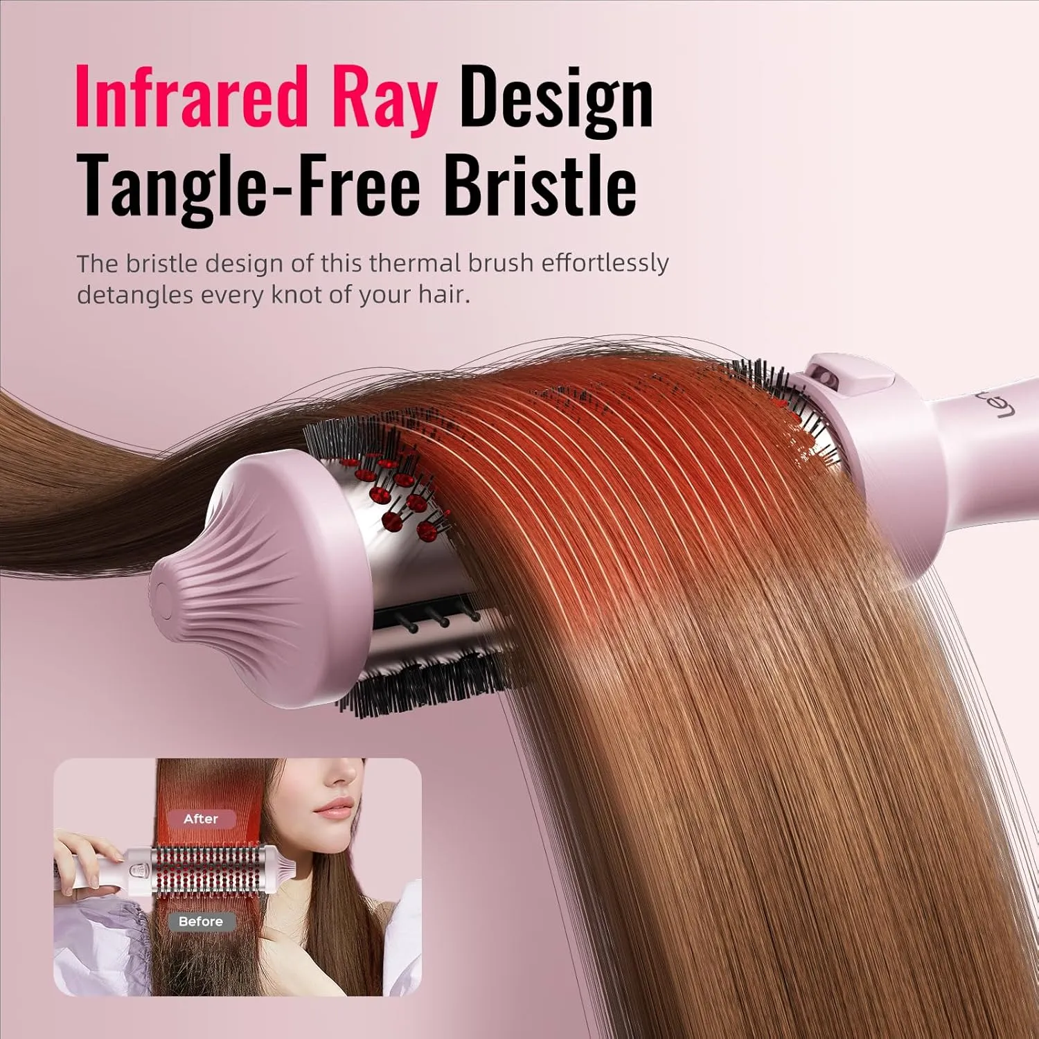 Thermal Brush,Lena All-in-1,1.5 Inch Heated Round Brush with Titanium Barrel-Infrared&Negative Ion Technology,Smooth,Frizz-Free Styling Tool,5 Heat Settings,LED Display,Pink