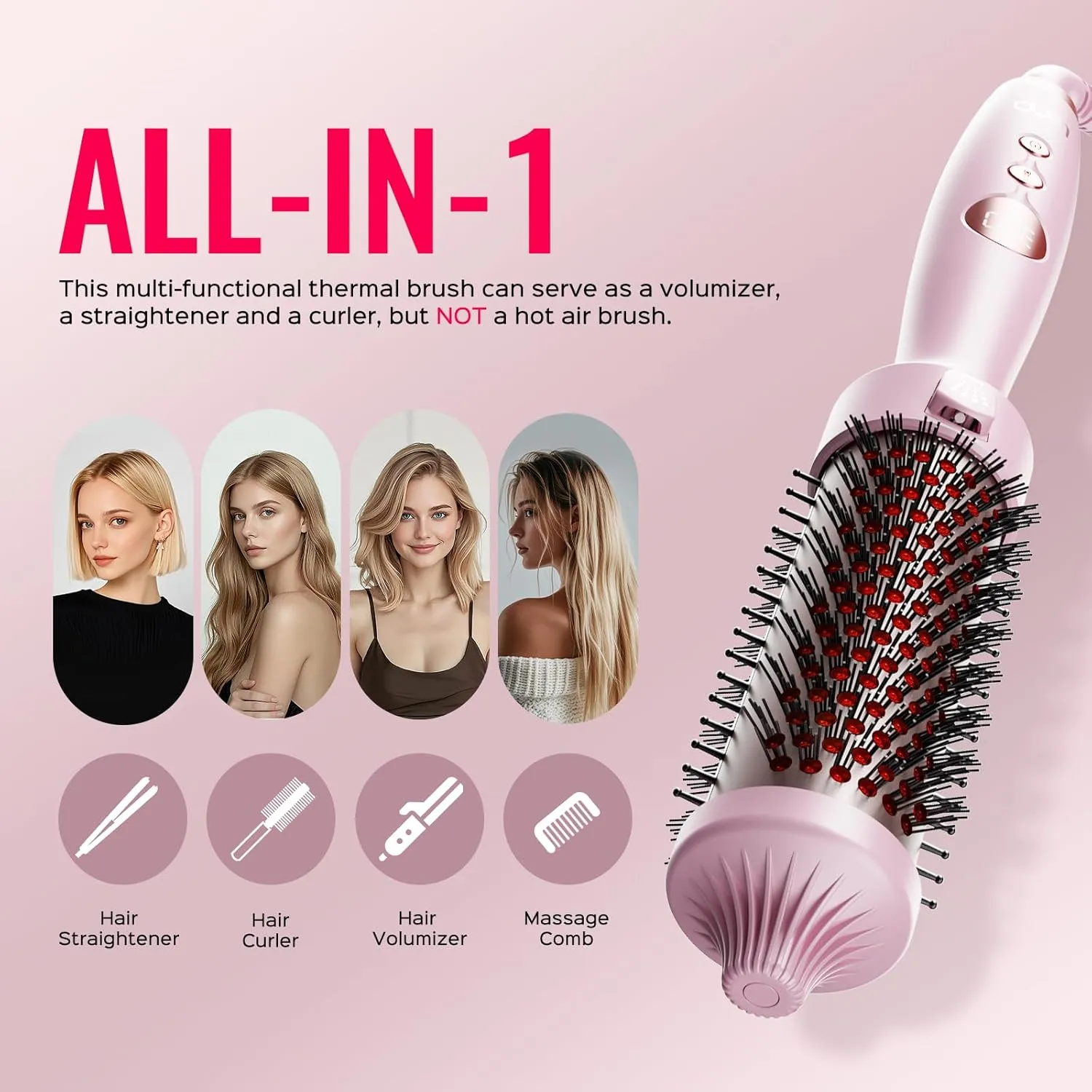 Thermal Brush,Lena All-in-1,1.5 Inch Heated Round Brush with Titanium Barrel-Infrared&Negative Ion Technology,Smooth,Frizz-Free Styling Tool,5 Heat Settings,LED Display,Pink