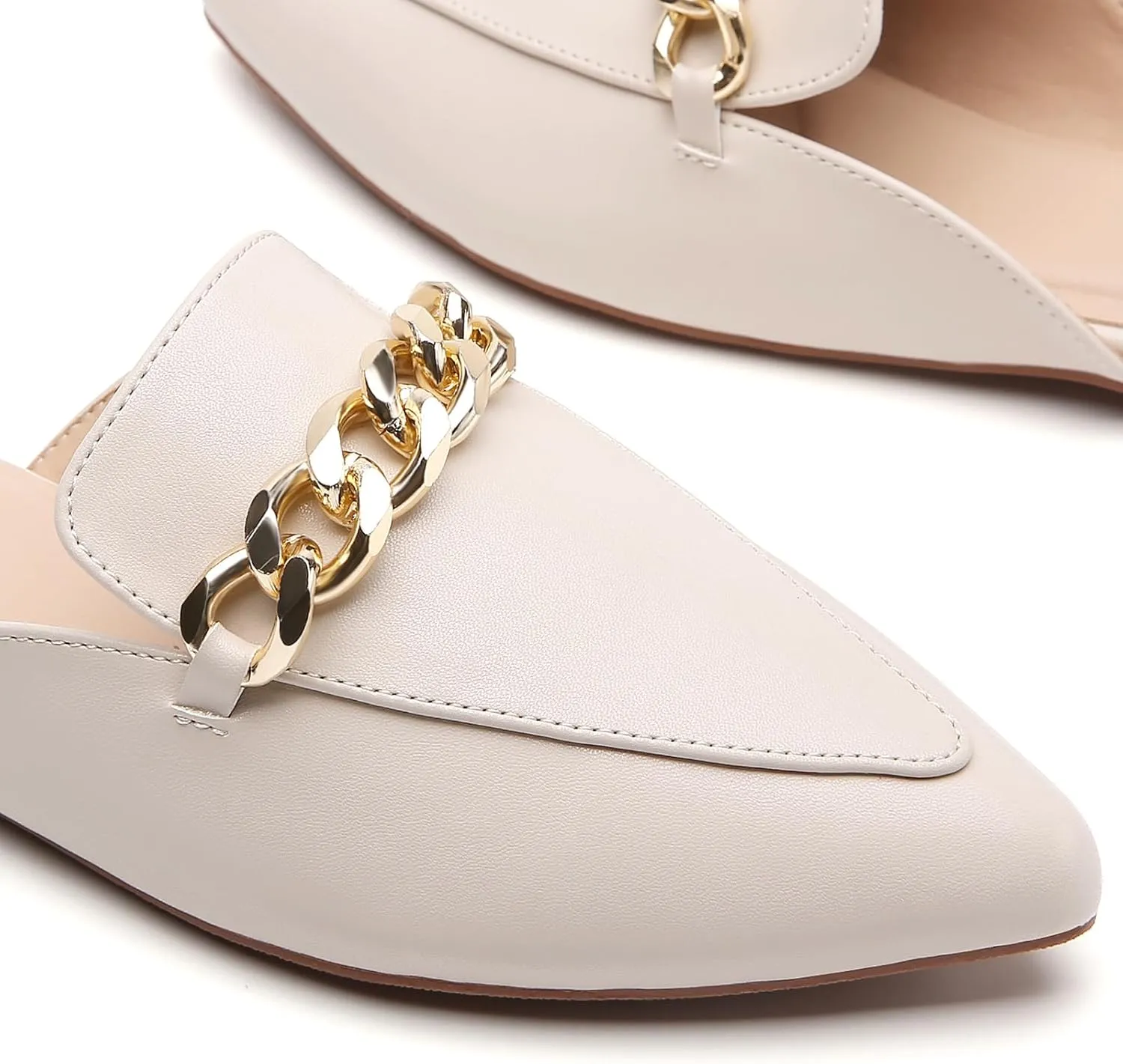 Tilocow Mules for Woman Metal Chain Slip On Flats Business Pointed Toe Loafers Backless Women Mule Shoes