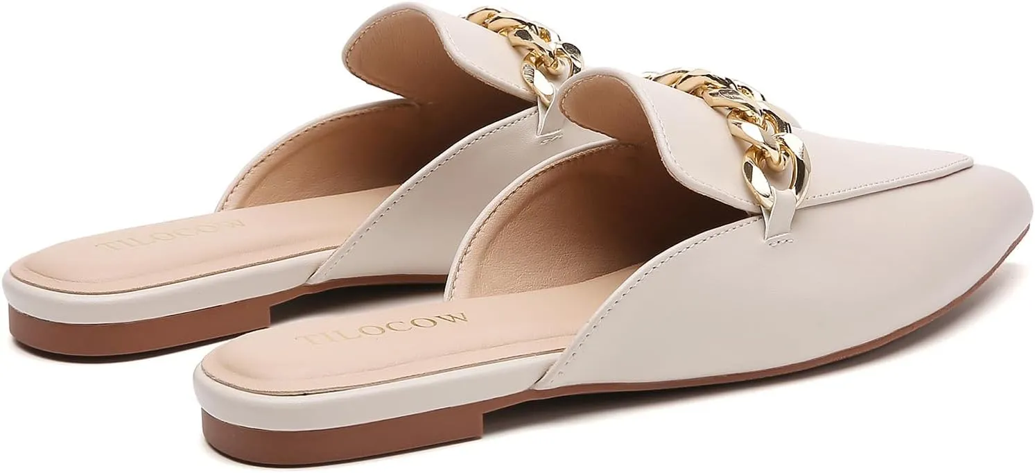 Tilocow Mules for Woman Metal Chain Slip On Flats Business Pointed Toe Loafers Backless Women Mule Shoes