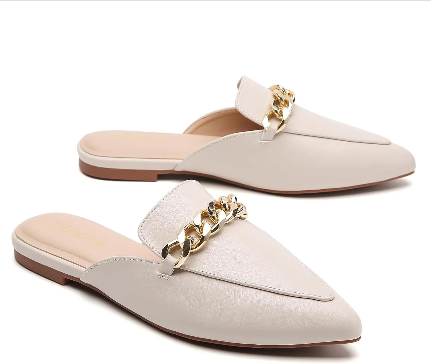 Tilocow Mules for Woman Metal Chain Slip On Flats Business Pointed Toe Loafers Backless Women Mule Shoes