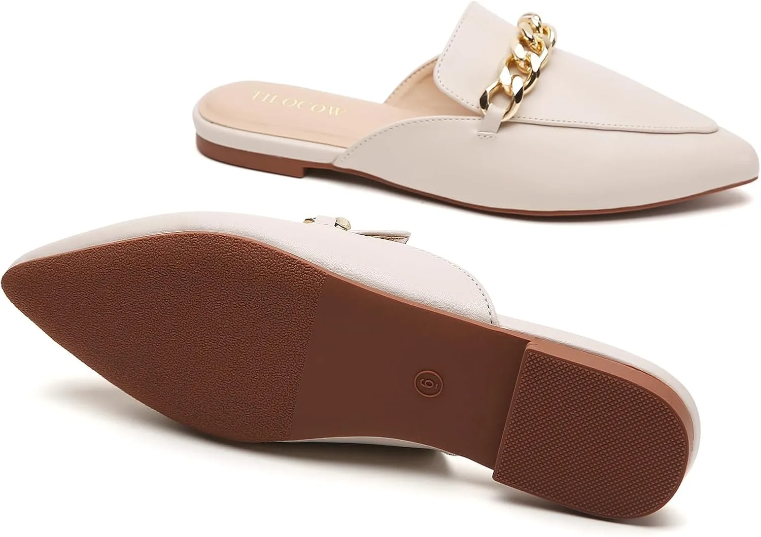 Tilocow Mules for Woman Metal Chain Slip On Flats Business Pointed Toe Loafers Backless Women Mule Shoes