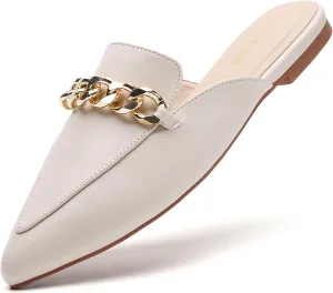 Tilocow Mules for Woman Metal Chain Slip On Flats Business Pointed Toe Loafers Backless Women Mule Shoes