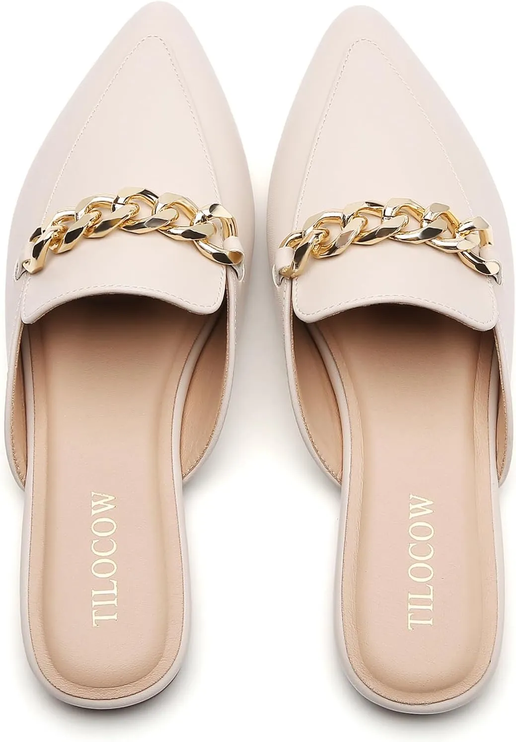 Tilocow Mules for Woman Metal Chain Slip On Flats Business Pointed Toe Loafers Backless Women Mule Shoes