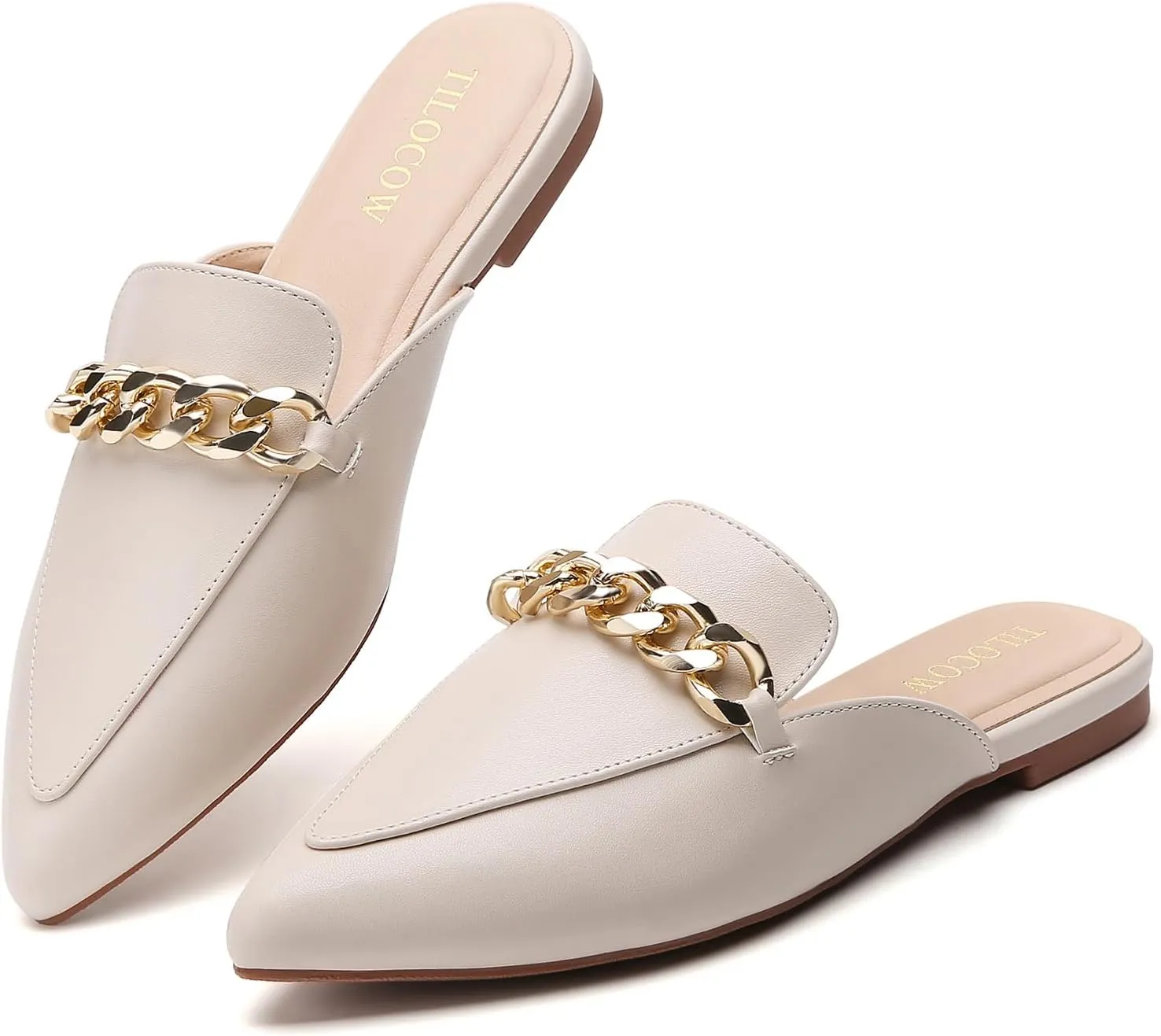 Tilocow Mules for Woman Metal Chain Slip On Flats Business Pointed Toe Loafers Backless Women Mule Shoes