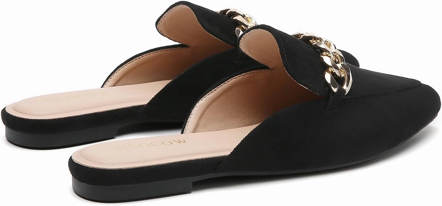 Tilocow Mules for Woman Metal Chain Slip On Flats Business Pointed Toe Loafers Backless Women Mule Shoes