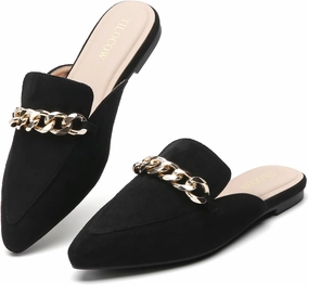 Tilocow Mules for Woman Metal Chain Slip On Flats Business Pointed Toe Loafers Backless Women Mule Shoes