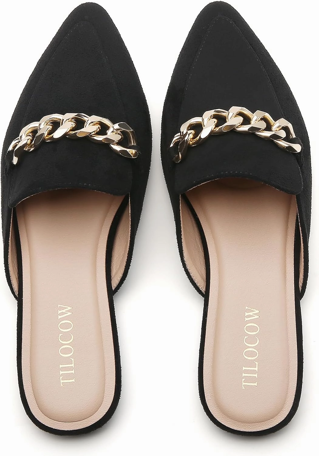 Tilocow Mules for Woman Metal Chain Slip On Flats Business Pointed Toe Loafers Backless Women Mule Shoes