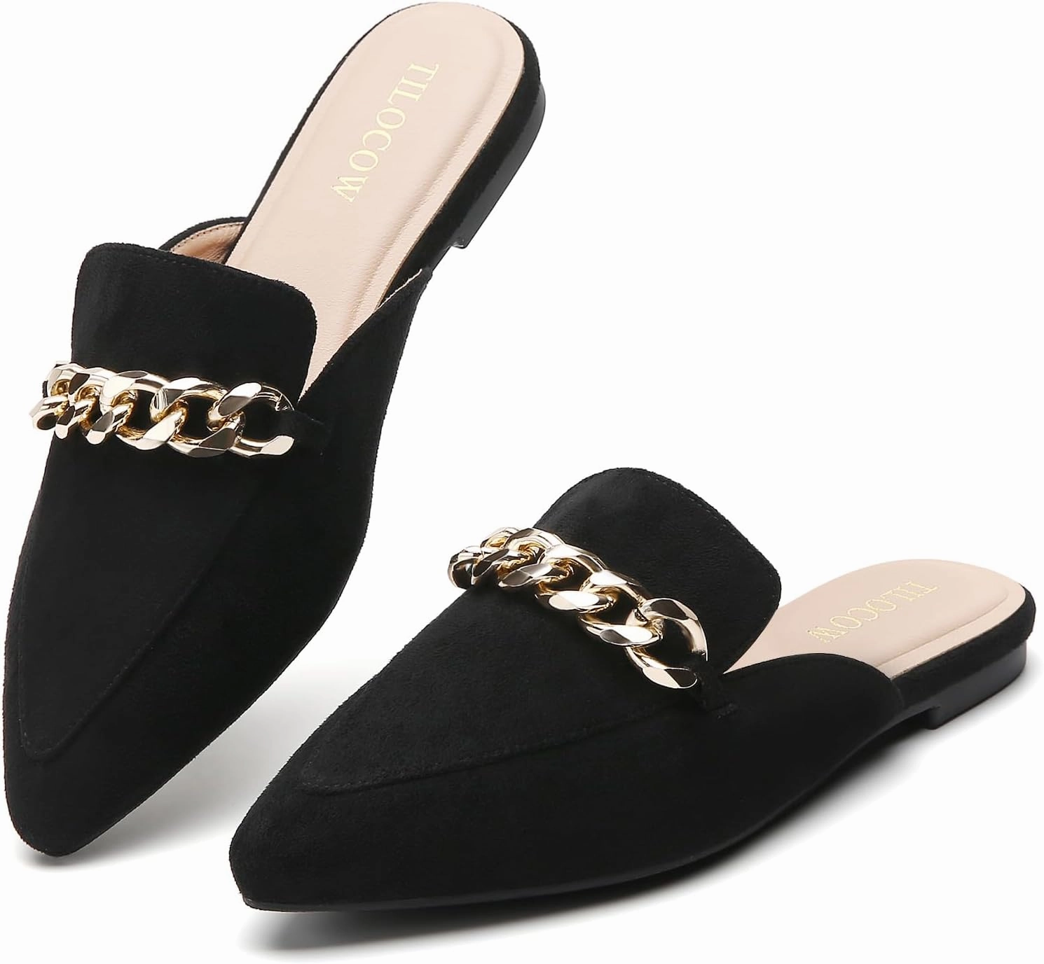 Tilocow Mules for Woman Metal Chain Slip On Flats Business Pointed Toe Loafers Backless Women Mule Shoes