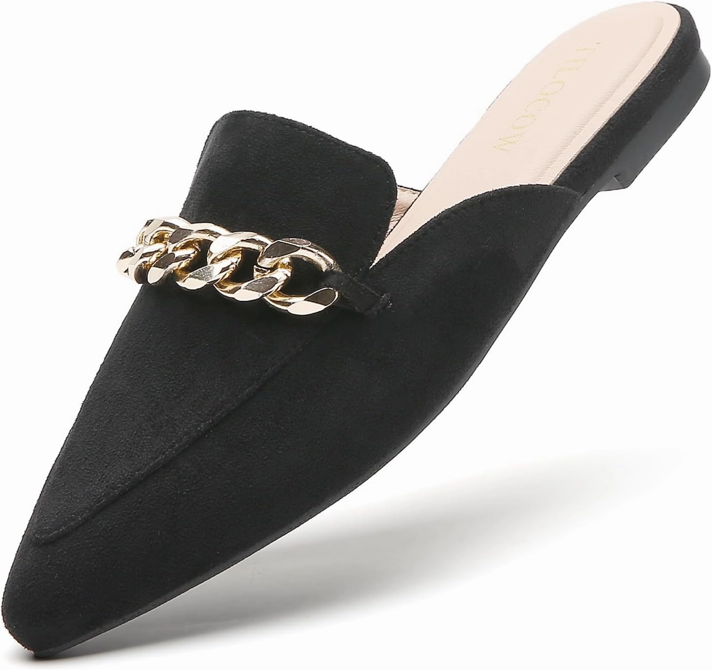 Tilocow Mules for Woman Metal Chain Slip On Flats Business Pointed Toe Loafers Backless Women Mule Shoes