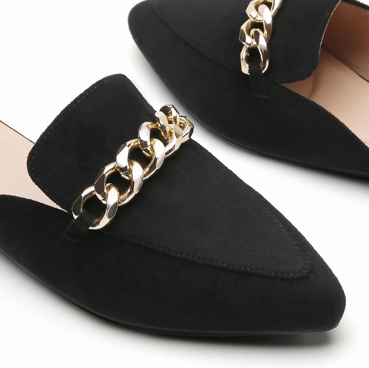 Tilocow Mules for Woman Metal Chain Slip On Flats Business Pointed Toe Loafers Backless Women Mule Shoes
