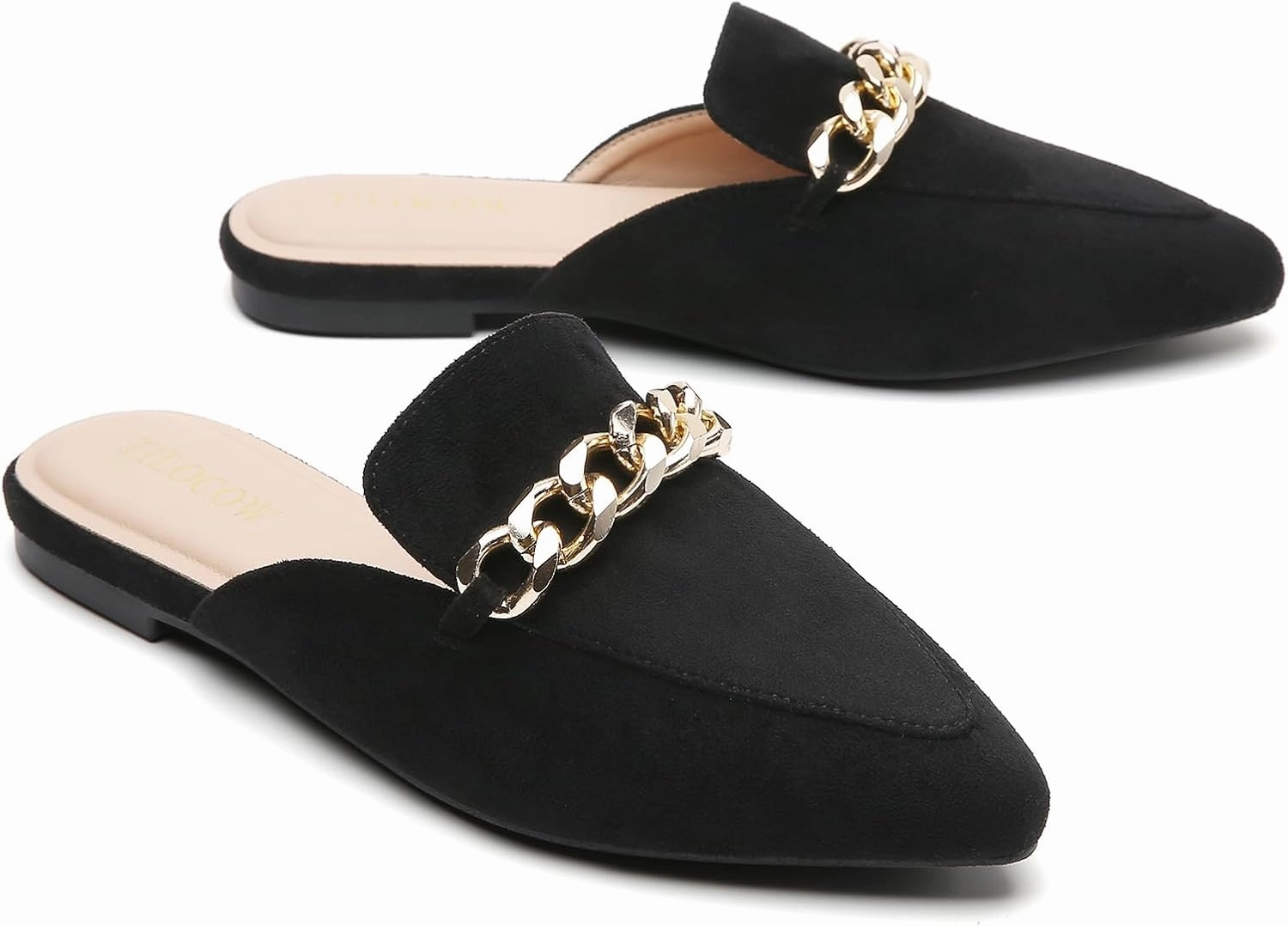Tilocow Mules for Woman Metal Chain Slip On Flats Business Pointed Toe Loafers Backless Women Mule Shoes
