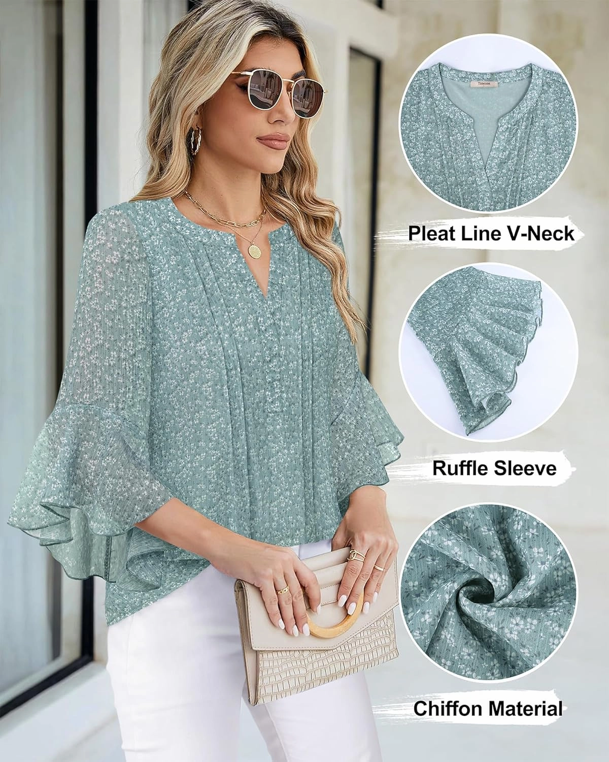 Timeson Women's 3/4 Sleeve Tops Dressy Casual Business Work Blouses Chiffon Office Shirts