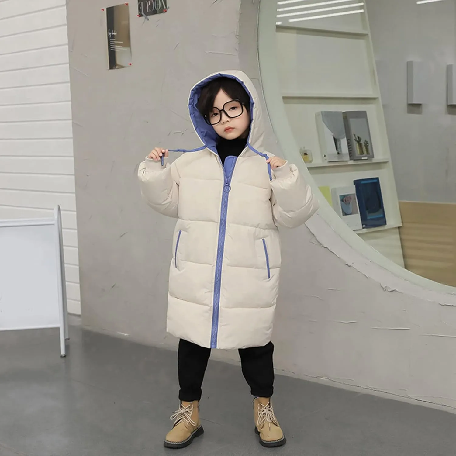 Toddler Boys Girls Long Puffer Jacket Heavyweight Winter Coat Kids Solid Hooded Padded Down Jacket Windproof Outwear