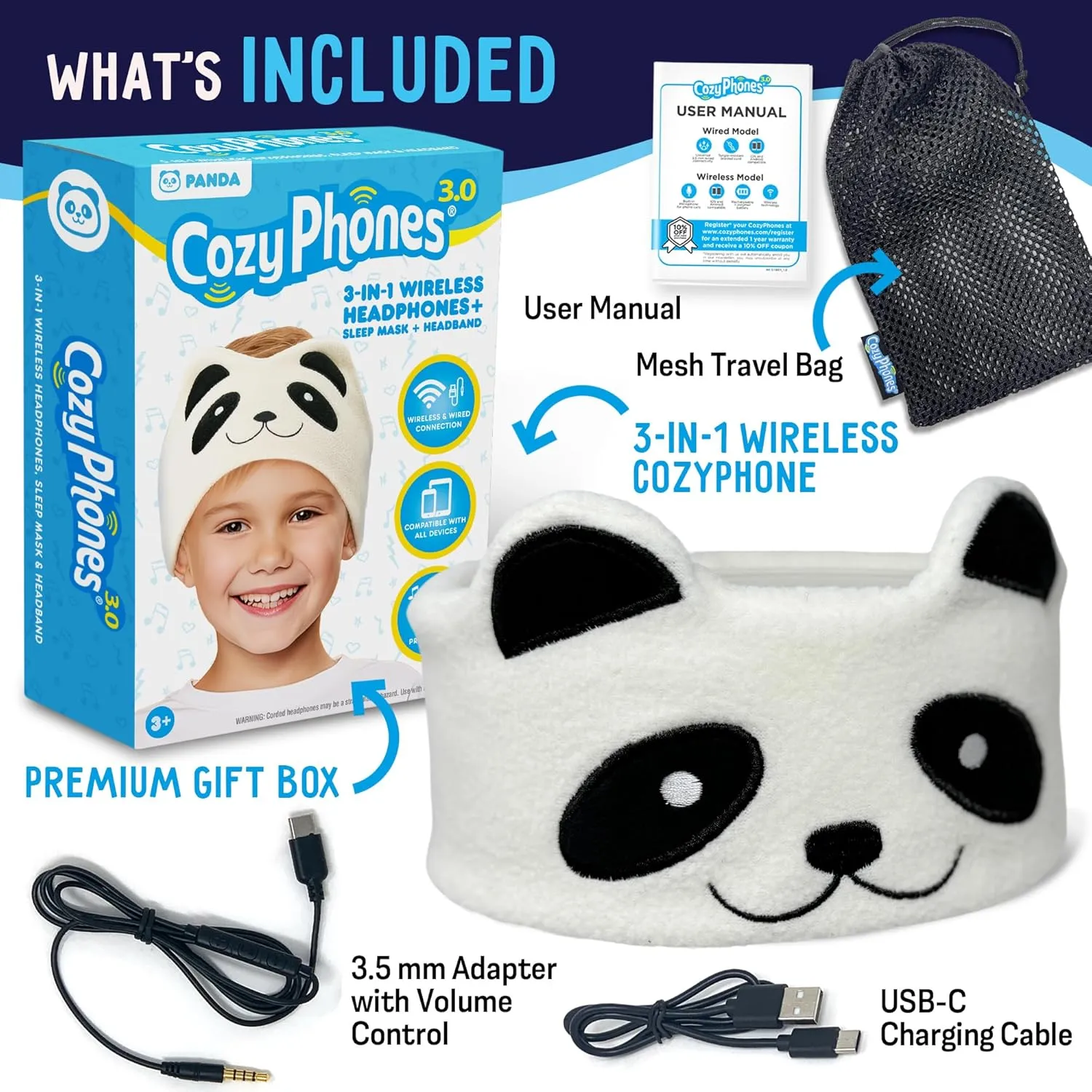 Toddler Headphones Wireless, Kids Bluetooth Earphones, Safe Volume - Wired School Headphones for Kids with 3.5 MM Jack and Travel Bag - Toddler Airplane Accessories for Boys & Girls - Panda