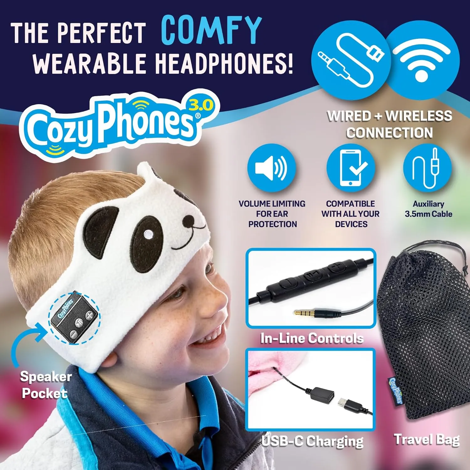 Toddler Headphones Wireless, Kids Bluetooth Earphones, Safe Volume - Wired School Headphones for Kids with 3.5 MM Jack and Travel Bag - Toddler Airplane Accessories for Boys & Girls - Panda