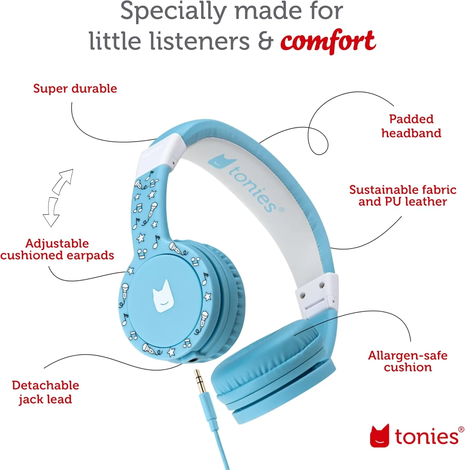 Tonies Foldable Wired Headphones for Kids - Comfortably Designed to fit On-Ear - Works with Toniebox and All 3.5mm Devices - Light Blue