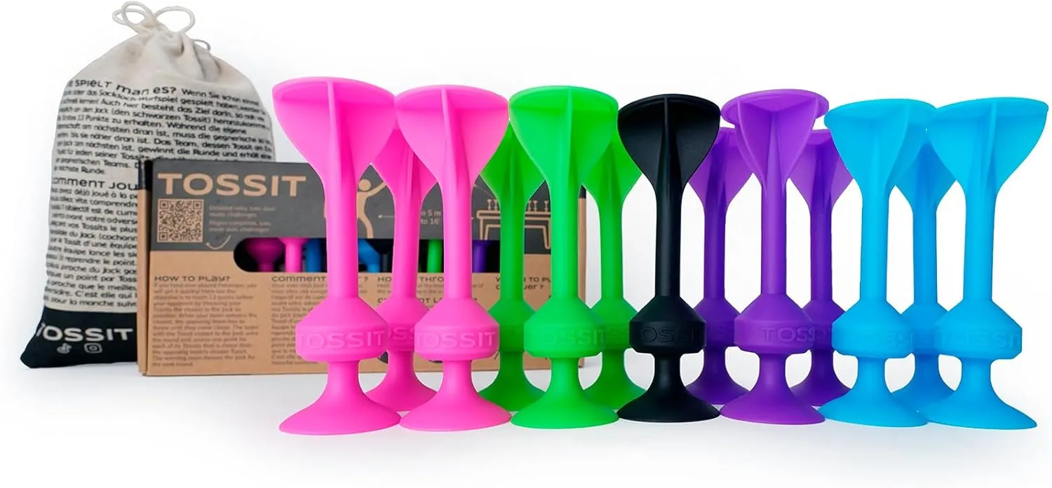 TOSSIT Game Suction Cup Darts, Toss Game Perfect Family and Party, Silicone Throwing Game for Backyard, Indoor and Outdoor Fun, Family Pack, Pink Light Blue Purple Green