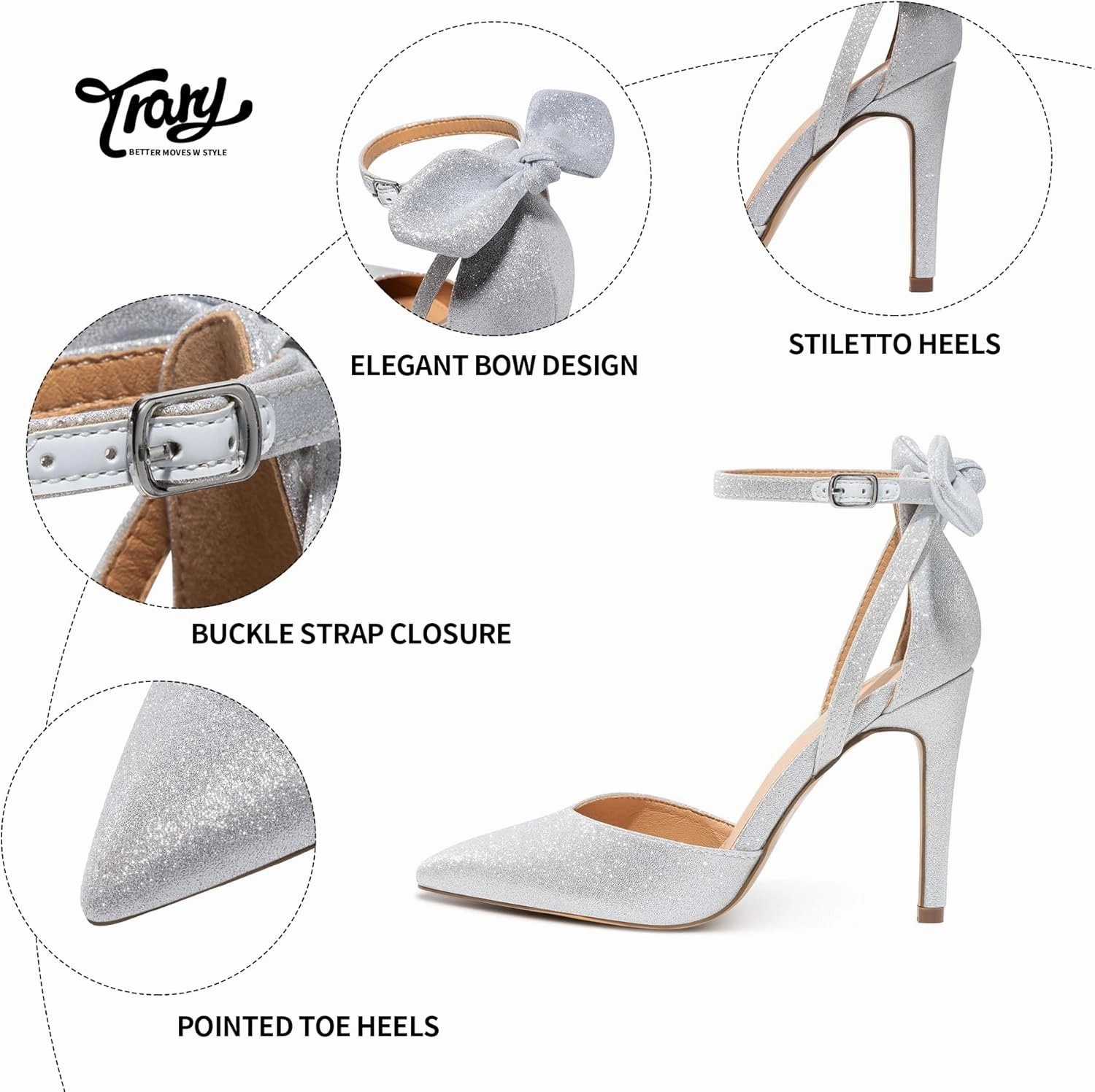 Trary Heels for Women Closed Pointed Toe Heels Women's Pumps Stiletto High Heels with Bow Knot Comfortable Ankle Strap Office Party Wedding Dress Shoes 3.74" Heels