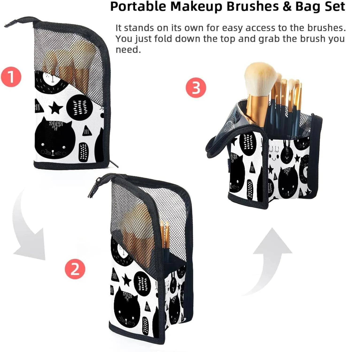 Travel Makeup Brush Holder, Large Stand-Up Makeup Brush Case, Professional Brush Organizer Foldable Makeup Artist Brush Storage Bag - Cat Black White Rabbit Bear
