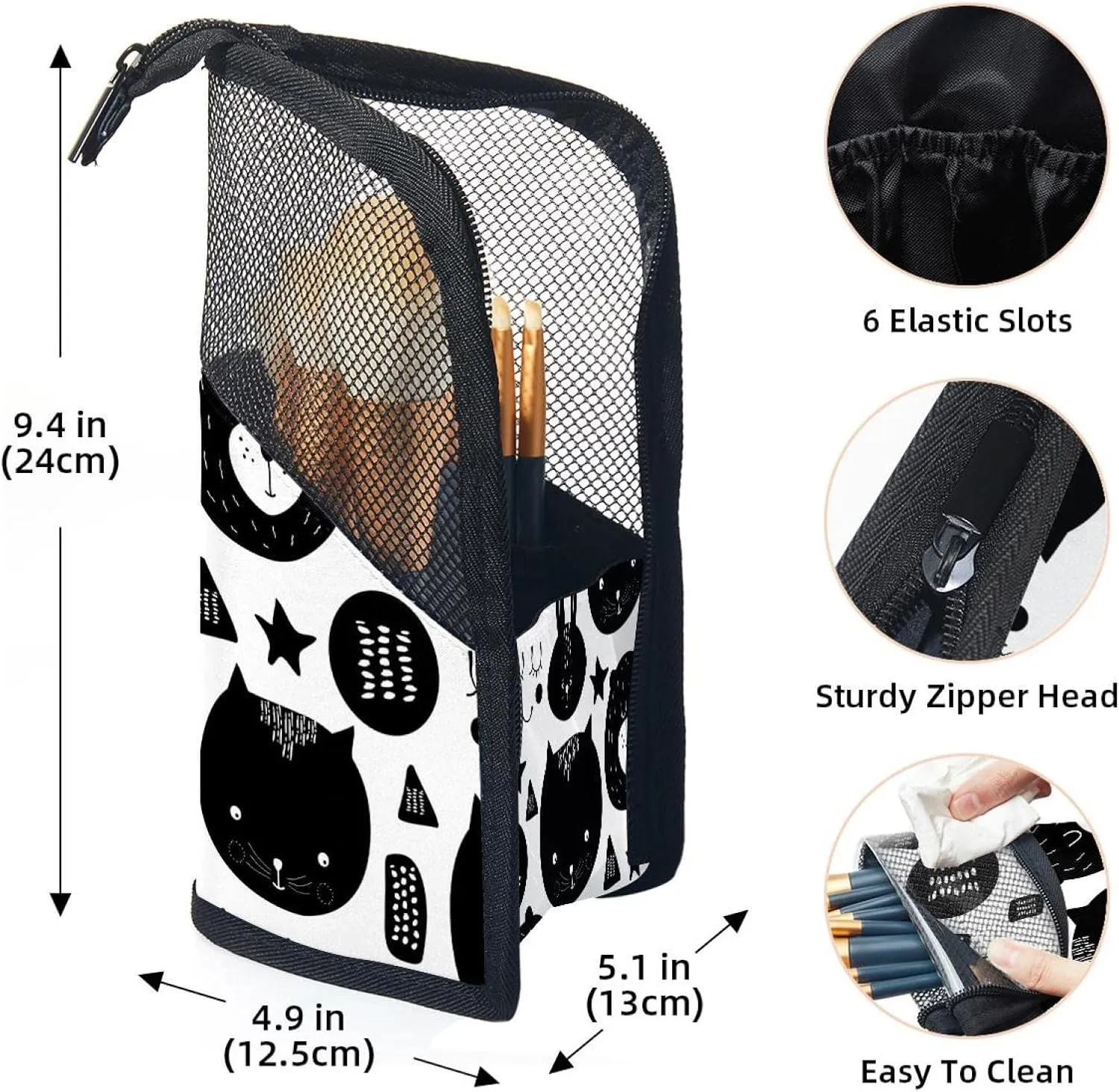 Travel Makeup Brush Holder, Large Stand-Up Makeup Brush Case, Professional Brush Organizer Foldable Makeup Artist Brush Storage Bag - Cat Black White Rabbit Bear