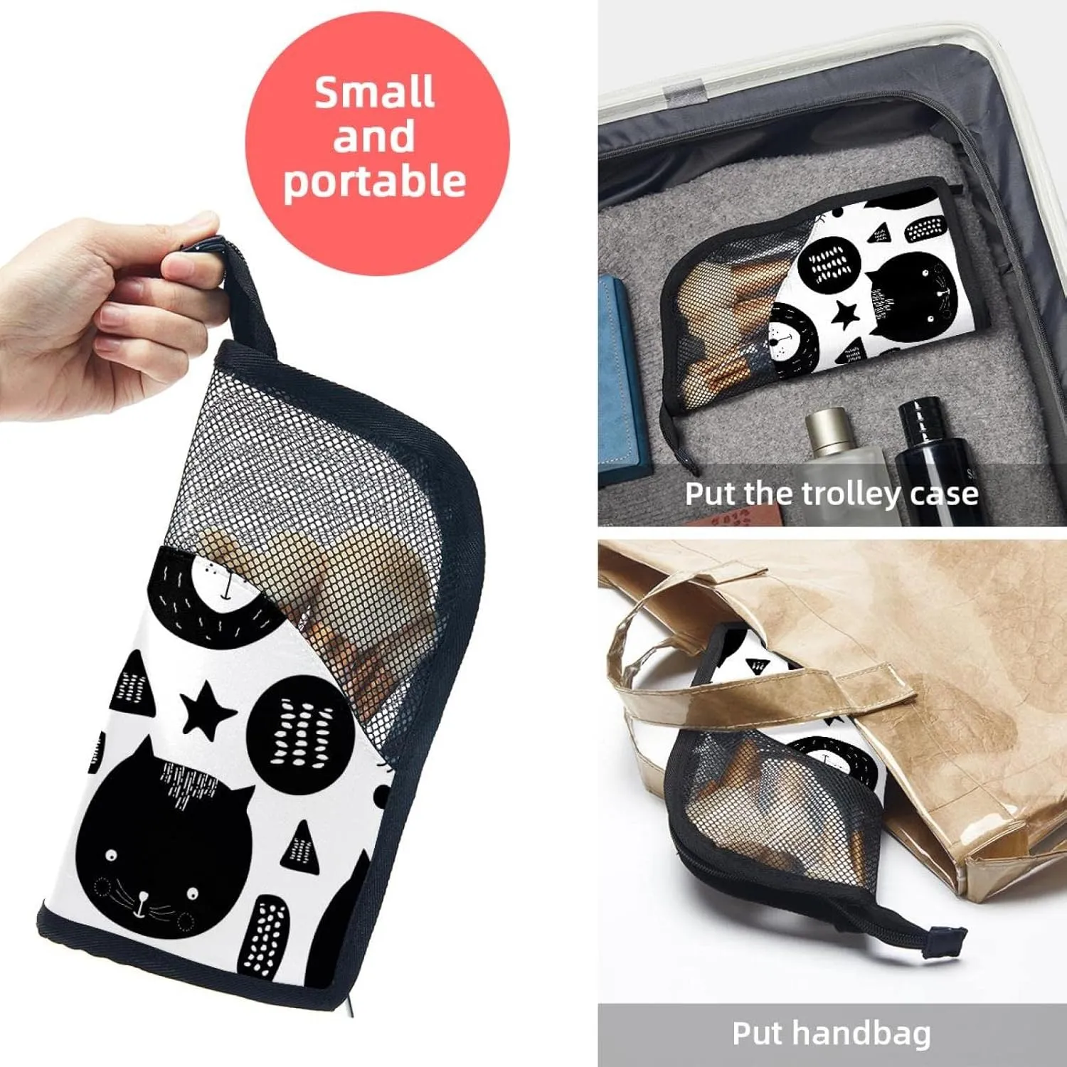 Travel Makeup Brush Holder, Large Stand-Up Makeup Brush Case, Professional Brush Organizer Foldable Makeup Artist Brush Storage Bag - Cat Black White Rabbit Bear