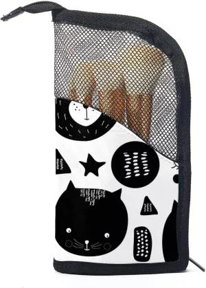 Travel Makeup Brush Holder, Large Stand-Up Makeup Brush Case, Professional Brush Organizer Foldable Makeup Artist Brush Storage Bag - Cat Black White Rabbit Bear