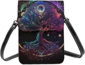 Tree of Life and Universe black Leather Small Crossbody Bags for Women Cell Phone Bag Wallet Purses with Adjustable Strap
