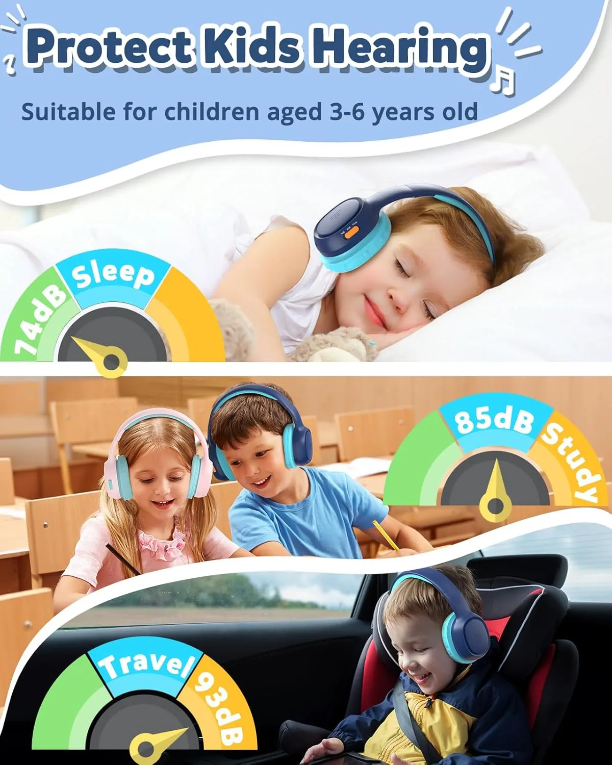 Tronsmart KH02 Kids Bluetooth Headphones, Volume Limit 74/85/93dB, 45H Playtime, Bluetooth 5.3, Built-in 3.5mm Audio Cable, Foldable, Wireless Headphones with Microphone for School/Travel/Plane (Blue)
