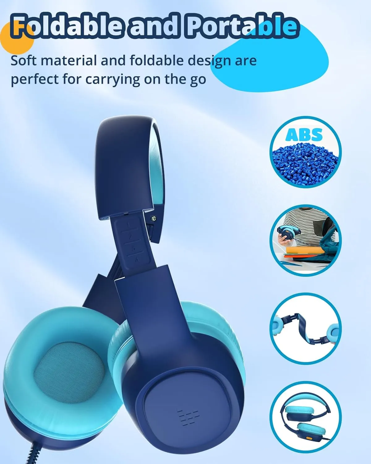Tronsmart Kids Foldable Headphones for School Travel, Safe Volume 85/93dB, HD Stereo Sound Over-Ear Boys/Girls Headphones, 3.5mm Cord for iPad, Kindle, Tablets, KH01 (Blue)