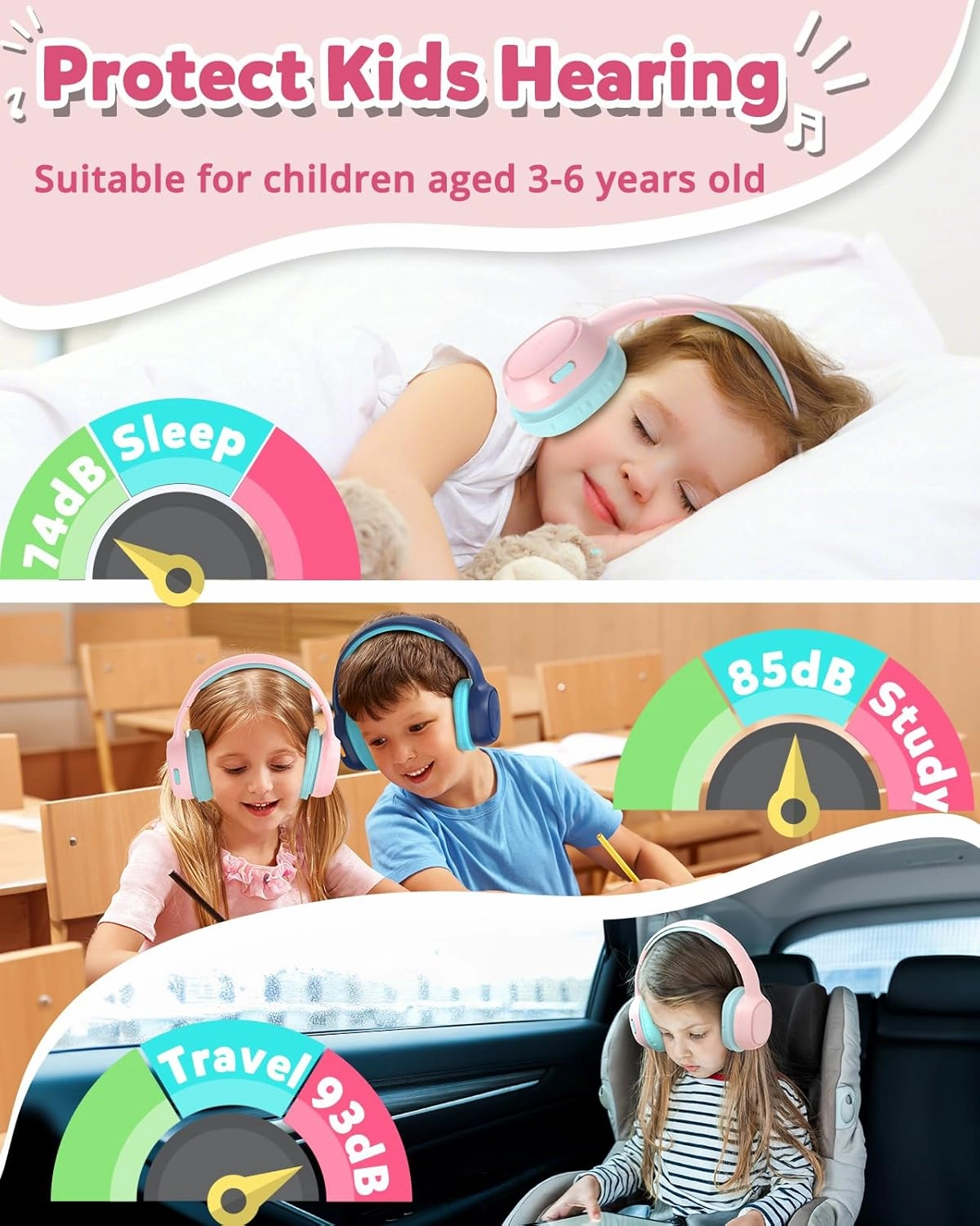 Tronsmart KH02 Kids Bluetooth Headphones Volume Limit 74/85/93dB, 45H Playtime, Bluetooth 5.3, 3.5mm Jack, Foldable, Wireless Headphones with Microphone for School/Travel/Plane (Princess Pink)