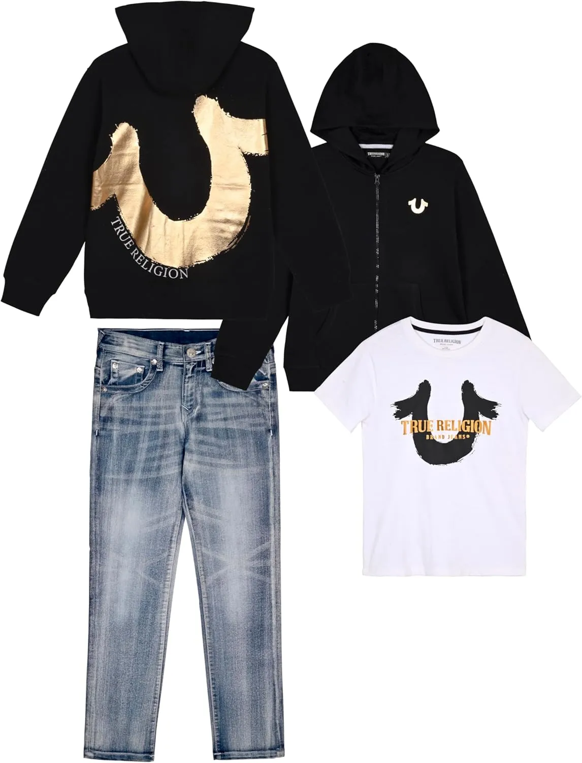 True Religion Boys Clothing Set 3 Piece Boys Sweatshirt Jeans and T-Shirt Jogger Set for Kids