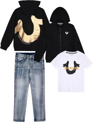 True Religion Boys Clothing Set 3 Piece Boys Sweatshirt Jeans and T-Shirt Jogger Set for Kids